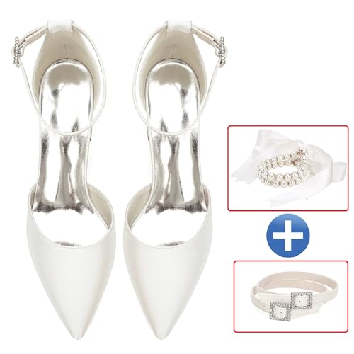 Women's Block Heels Satin Bridal Wedding Shoes CG2102-01 Pointed Toe Ankle Strap Court Shoes 2.36in/6cm4