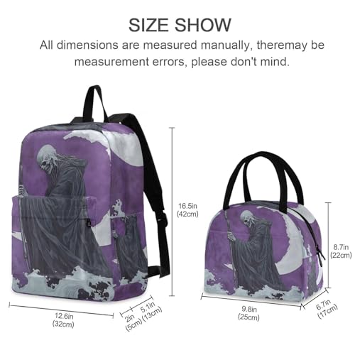 Backpack Lunch Box Set Large Capacity Travel Backpacks and Insulated Lunch Bag for Commute Hiking Picnic Grim Reaper Moon Print2
