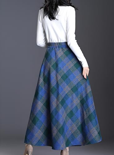 Women's Winter Warm Wool Plaid High Waist A-Line Drape Pleated Maxi Skirts with Pockets4