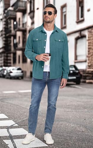 Image of Askdeer Men's Corduroy Button Down Shirts Long Sleeve Casual Shacket Jacket Western Corduroy Shirt Jacket with Flap Pockets