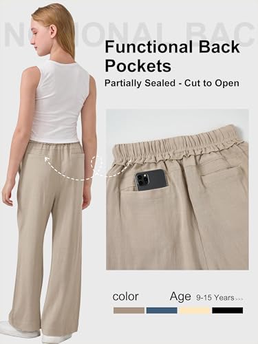 Image of Rolanko Girls Wide Leg Linen Pants Breathable Flowy Palazzo Trousers for School Beach Daily Wear 9-15 Years