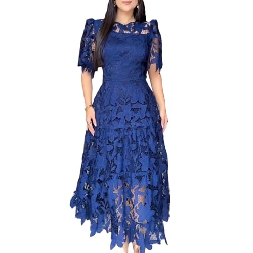 Women Maxi Dress Round Neck Puff Sleeve Floral Hollow Out Lace Casual Boho Summer Lightweight Dress