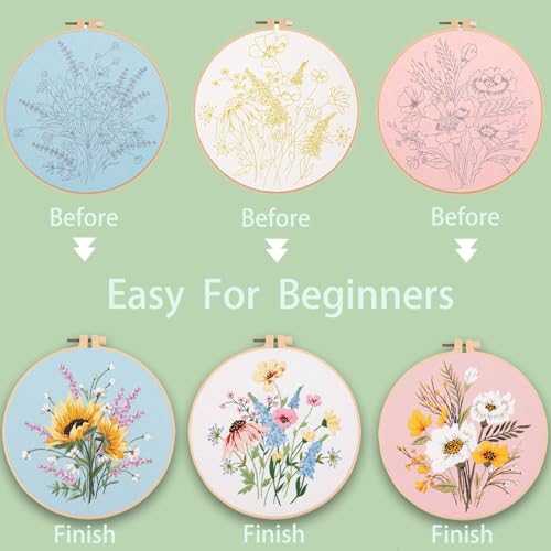 Image of Ohcol 3 Sets Embroidery Kit,Cross Stitch Kits Needlepoint Kits for Adults Beginner,Needle Point Kits with Washable Pre-Printed Floral Pattern,Hoops,Women DIY Hand Crafts