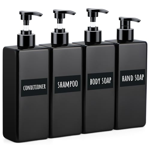 Image of Segbeauty Black Shower Refillable Dispenser, 4 Pack of 16.9oz Plastic Pump Press Bottles, 500ml Empty Bathroom Soap Dispenser with Labels for Shampoo Conditioner Body Soap Lotion Hand Wash Dish Soap