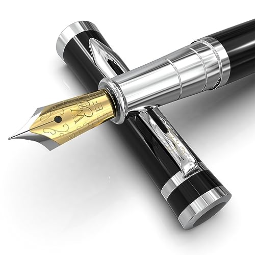 Wordsworth & Black Fountain Pen Set, Extra Fine Nib, Includes 6 Ink Cartridges and Ink Refill Converter Gift Box, Journaling, Calligraphy, [Black Chrome]