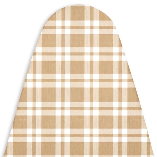 Image of Encasa XO Ironing Board Covers and Pad - 125x46 cm Fits Wide Iron Boards, Thick 4mm Felt, Elasticated Fit, Heat & Scorch-Resistant, Elastic Bungee Cord Tightening & Lock Franca Beige Checks