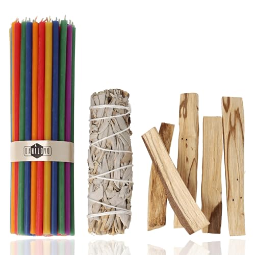 Danilovo Sahumerio Limpieza Energética - 5 Palo Santo, 1 Salvia Blanca para Quemar, 50 Velas de Cera de Abeja Natural – Ideal para Meditación, Purificación y Aromaterapia