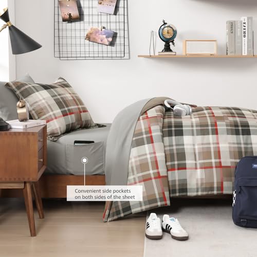 Image of MaiReve Twin XL Comforter Set, Plaid Design Comforter Set 5 Pieces,Twin XL Comforter for Dorm Farmhouse All Season Lightweight &Comfy with Fitted Sheet, Flat Sheet (Khaki, 66 inchx90 inch)