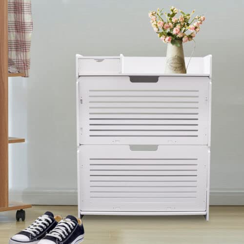 Xuthusman 2 Tier Freestanding Shoe Cabinet w/Flip Drawers PVC Shoe Rack Shoe Storage Ultra-Thin White(2 Tier Shoes Storage Cabinet)