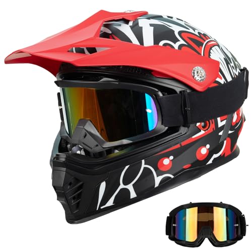 Favoto Casco Motocross Bambino con Occhiali e Visiera – Omologato ECE 22.06, Casco Cross per Dirt Bike, Offroad e Quad, Rosso-Nero M (51–52 cm)