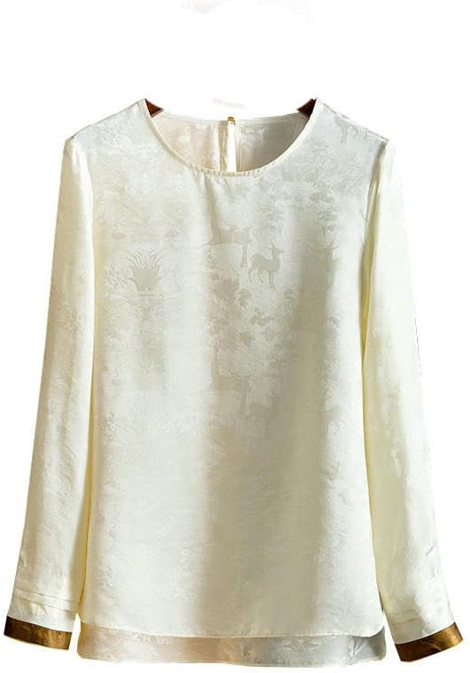 Women's Silk Jacquard Color Block Blouse Spring Round Neck Versatile Mulberry Silk Long Sleeve Top