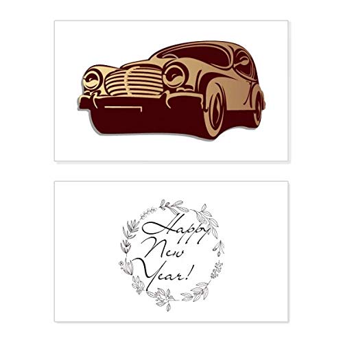 Tarjeta de felicitación elegante de Año Nuevo con silueta de coche clásico rojo oscuro
