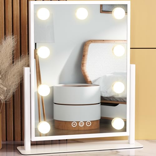 Dirket Vanity Mirror with Lights, Lighted Makeup Mirror Hollywood Makeup Mirror with 9 Dimmable Bulbs and 3 Color Lighting Modes, Smart Touch Control, 360°Rotation