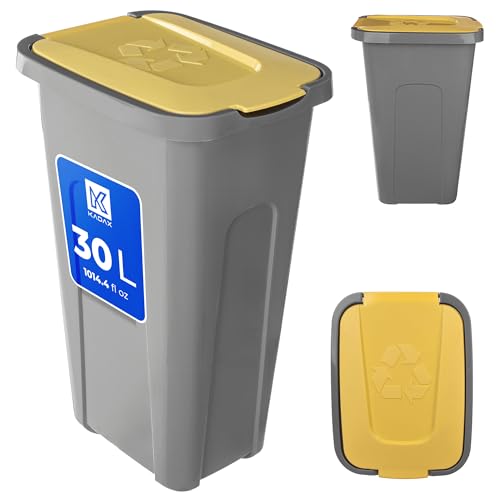 KADAX Poubelle pour tri des déchets, 30 l, robuste, avec couvercle à rabat hermétique, pour système de tri des déchets, en plastique (1, couvercle jaune)