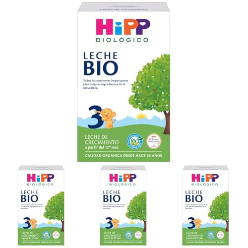 HiPP Biológico 3 - Leche para bebés Ecológica - 500 gr - Leche BIO para bebés a partir 12 meses - Contiene Lactosa, Omega-3, Vitmainas C y D - Sin GMO - Especial fácil digestión (Paquete de 4)