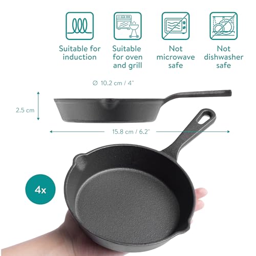 Navaris Cast Iron Skillet With Wooden Base (Set of 2) - Cast Iron Frying Pan Small Skillet With Protective Wood Base - Heavy Duty Metal Skillet Pans - 6" (15cm) - Image 4