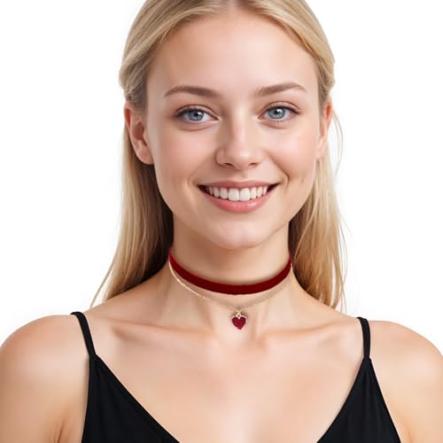 HekouJiub Gothic Samt Halskette Halloween Rot Trachtenkette Damen Choker Halskette mit Herzanhänger Verstellbare Herz Halsband 80er 90er Jahre Schleifenkette für Halloween Cosplay Party