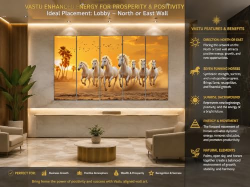 Image of Kyara Arts 7 Running Horses Vastu Wall Painting for Home & Office | Premium Multi Panel Wall Art | Symbol of Success, Growth & Positive Energy | Modern Living Room, Bedroon, Office Decor | perfect for Gifting | 30inchx50inch