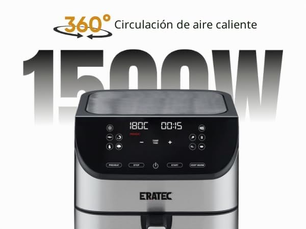 ERATEC AF-66 Freidora de aire caliente XXL 5,5 L 1500W Air Fryer sin aceite Freidora de aire caliente con pantalla LED táctil y 10 programas preestablecidos, función de temporizador para sus platos
