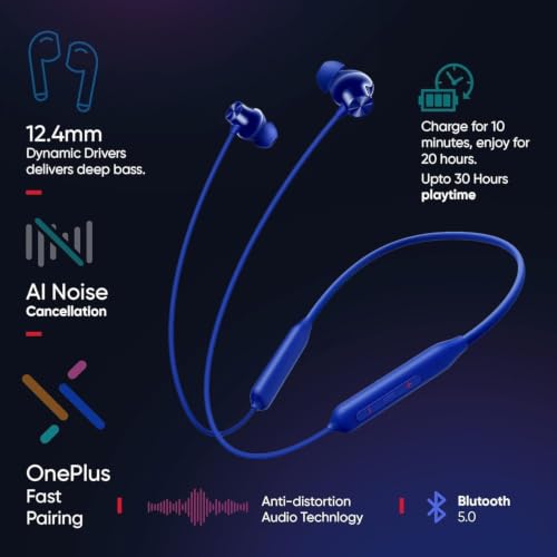Image of Bluetooth Wireless in-Ear Neckband Earphones with Mic, 12.4mm Dynamic Drivers, Up to 30 Hours Playtime, Fast Charging, IPX Water & Dust Resistance, Deep Bass, Type-C, ENC Calling (Blue)