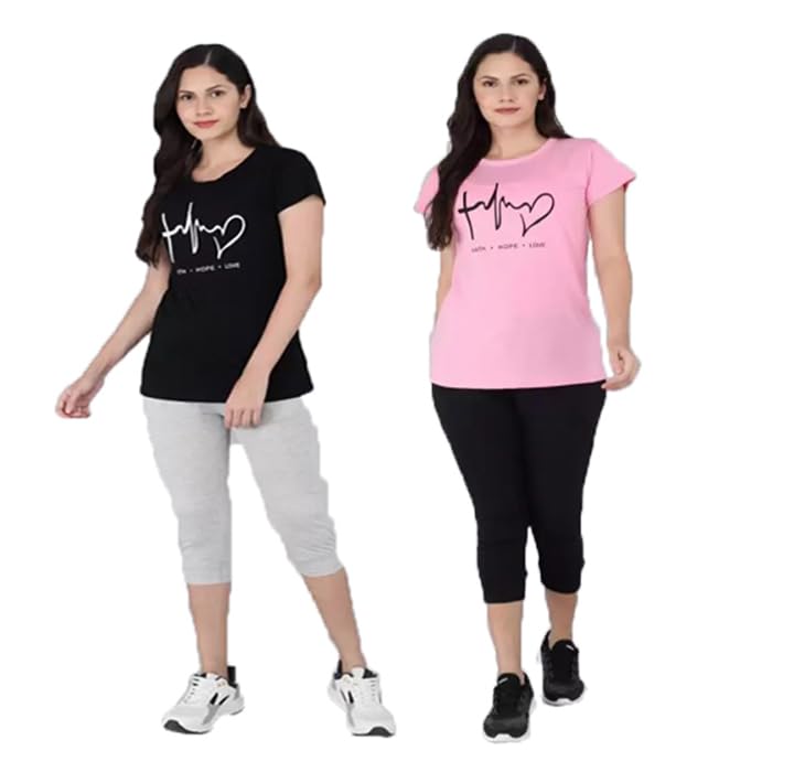 py pinkyou Women's Cotton Half Sleeve Printed T-Shirt and Capri Bottom Set Look Trendy Stylish and Attractive Comfy and Casual Purpose-picture-24