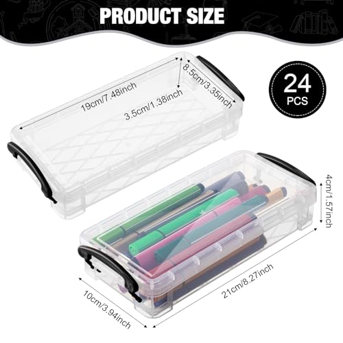 Image of Gueevin 24 Pcs Large Capacity Plastic Pencil Box Clear Plastic Pencil Case Crayon Box with Snap Tight Lid Watercolor Pen Storage Brush Organizer Drawing Tools Container (Black)