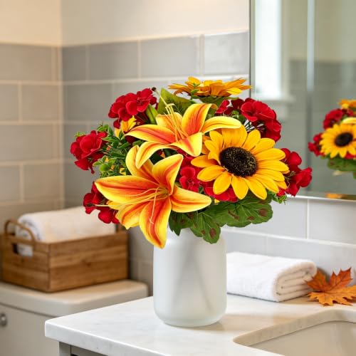 Image of Artificial Fall Flower Faux Sunflower 13.8 inch Fake Lily Silk Flower