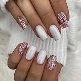 Square Press on Nails Medium Fake Nails Pink Glitter Full Cover Stick on Nails White False Nails wit