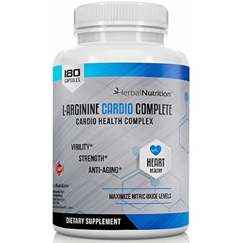 L-Arginine Cardio Complete, Nitric Oxide Booster, 1500mg Cardio Support Blend Plus L-Citrulline, Vitamins Minerals Supports Cardio Health, BP, Energy, Nitric Oxide, One Bottles 180 Caps Cover