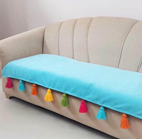 Image of WWW.THROWPILLOW.IN L Shape Sofa Cover 7 Seater- Blue Sofa Cover for L-Shaped Sofa-3 Seater+3 Seater+Corner,7 Seater L Shape Corner Sofa Cover Throw with Tassels, Coverage: 3 Sofa Seat Covers