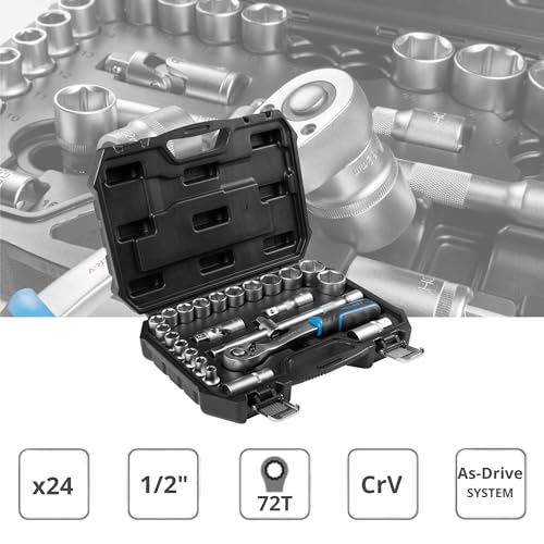 Högert Technik - Steckschlüsselsatz 24-teilig 1/2 Zoll mit Knarrenschlüssel, Ratsche, Stecknüssen 8-32 mm aus CrV Stahl im Koffer für Werkstatt und Garage
