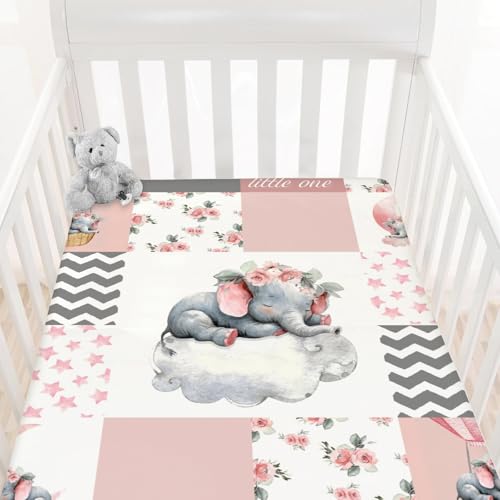 Image of HawSkgFub Pink Sleeping Elephant Flower Fitted Standard Crib Sheet for Baby Girl, Dream Big Little One Patchwork Toddler Mattress Cover, Soft Stretchy Nursery Bed Sheets Decor Kids Gift 52" x 28"