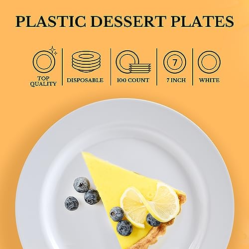 Focusline FL100-7WHITEPLATES 100 Count White Plastic Plates 7 Inch, Disposable Heavy Duty Plastic Dessert Plates- Premium Hard Plastic Plates Fancy Disposable White Plates thumb #3