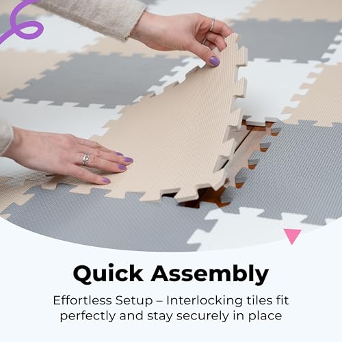 Image of MioTetto Soft Non-Toxic Foam Play Mat for Babies | Colourful Puzzle Mats with 36 Squares for Toddlers | Interlocking EVA Foam Tiles, Cream Grey Beige, 36