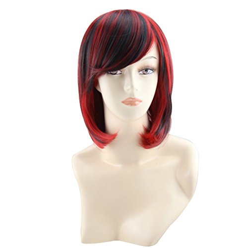 Topwigy 14" 40CM Ladies Two Tone Style Red and Black Short Bob Straight Hair Wigs with Side Bangs Costume Wigs for Women with Wig Cap