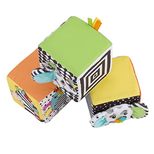 Image of NoJo Sassy Baby Eli Elephant, Zebra and Monkey Multi-Colored Developmental Plush Baby Blocks, Set of Three with Crinkle, Mirror and Chime