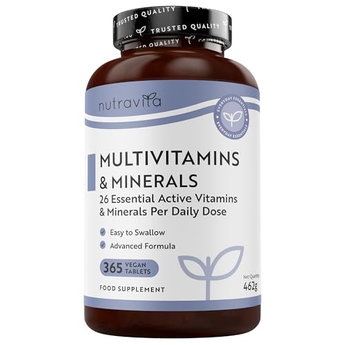 Nutravita Multivitaminas y Minerales- 365 Comprimidos Veganos - Complejo Vitamínico de 26 Activos Esenciales Vitamina C, D3, A, B, E y Minerales Yodo, Selenio, Calcio, Hierro, Zinc - Multivitamínico