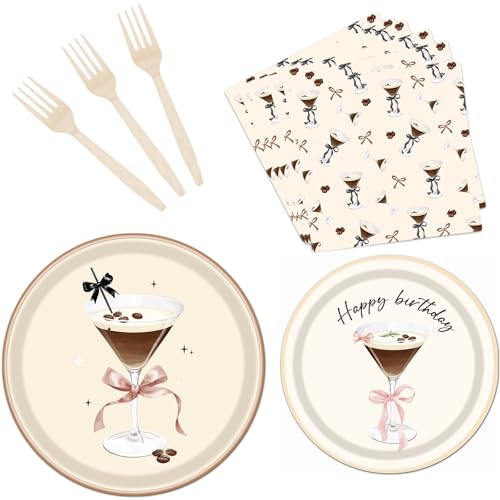 Yoyuspy Espresso Martini Birthday Decor - 96PCS Espresso Martini Birthday Tableware Decorations Paper Plates and Napkins Forks Decoration Martini Bar Themed Supplies for Martinis Bachelorette