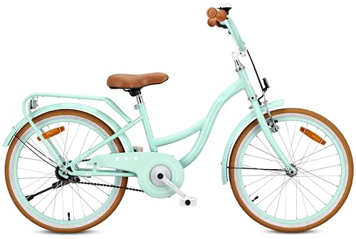 sun baby Flower Bike Retro Mädchenfahrrad 20 Zoll - Kinderfahrrad mit Stahlrahmen V-Bremsen Schutzbleche Kettenschutz Scheinwerfer Klingel höhenverstellbar - Mint