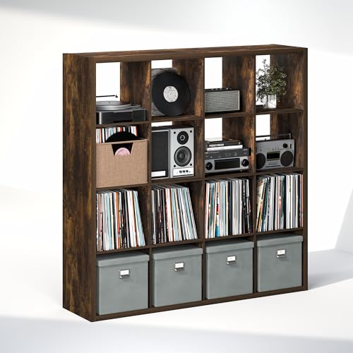 Image of Furinno Cubicle Record Player Stand, 16-Cube Record Storage, Amber Pine | Vinyl Storage, 1.2 inchInch Extra Thick, Open Back Media Shelf for CD DVD Bluray Game Disc, for Living Room, Home Office
