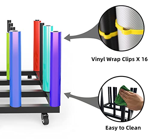 Tongmo Vinyl Cart Mobile Rack 16 Roll - Round 2" Core Heavy Duty Vinyl Roll Cart With 16 Vinyl Wrap Clips - Ideal For Blueprint/Photography Paper Rolls Organize #TOP2