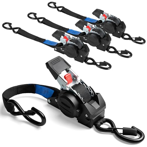 4 Pack Retractable Ratchet Straps 3m x 25mm Auto-Retract Tie Downs with Safety Clips and S Hooks 750kg Breaking Strength Heavy-Duty Automatic Tensioning Belts for Securing Cargo Trailers Black