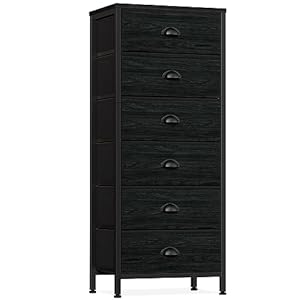 Furnulem Vertical Dresser for Bedroom with 6 Drawers, Tall Chest of Drawers, Black Storage Organizer Tower for Closet, Office, Entryway, Living Room with Wooden Top(Black Oak)