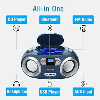 MEGATEK Portable CD Player Boombox with FM Radio, Bluetooth, USB Port, AUX Input, and Headphone Jack – CD-R/CD-RW/MP3-CD Compatible, Clear Stereo Sound, Backlit LCD Display – Blue Jay