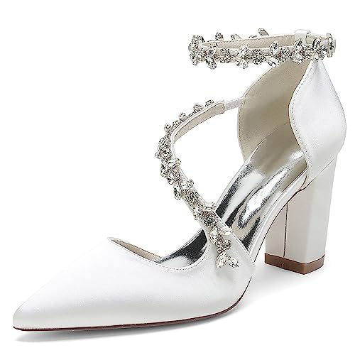 Chaussures de Mariée Blanche, Chaussures de Mariage pour Femme Fermé Pointu Bout Escarpins, Escarpins Femme Talon Carré,Blanc,39 EU