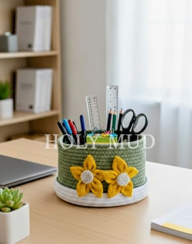 Image of Round Cotton Storage With Lid Gift Basket for Closet Wardrobe Packing, Desk Organizer, Eco- Friendly Bins (Olive and White) for Home, Office with Handcrafted Jute Flowers. (Olive and White)