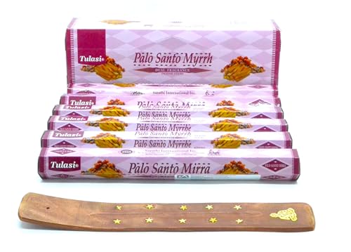 120 x Palo Santo y Myrrh. Palo Santo y Mirra Varillas de Incienso, 6 Cajas, con Soporte de Madera Decorado, Incienso de Joss, Fragancia casera