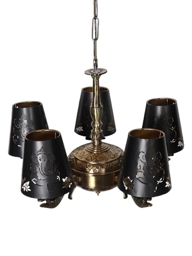 Image of Devansh 05 Lights Ganesh Ji Metal Etched Shade with Antique Golden Chandelier -ZD