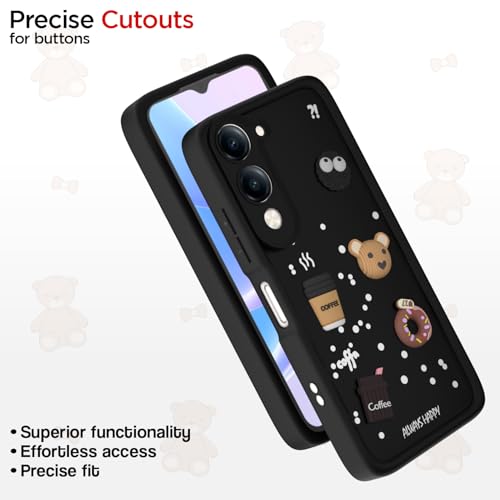 Image of Pikkme Back Cover for iQoo Z10 lite 5G / Vivo T4 lite 5G / Y19 5G / Y19e / Y04 4G / Y29s 5G | 3D Bear Silicone Cute & Fun Coffee Cartoon | Full Body Protection Bumper Case (Black)