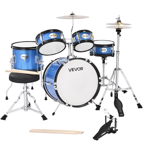 VEVOR Batería Infantil de 5 Piezas de 355,6 mm para Principiantes con Trono Ajustable, Platillo y Dos Pares de Baquetas, Kit de Aprendizaje de Música de Batería para Niños de 6 a 13 Años, Azul